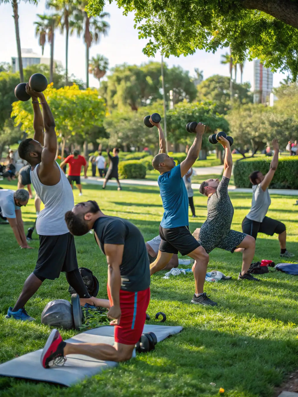 A group of people participating in a streetlifting workshop in a park, demonstrating proper form and technique under the guidance of an instructor. The atmosphere is energetic and supportive.