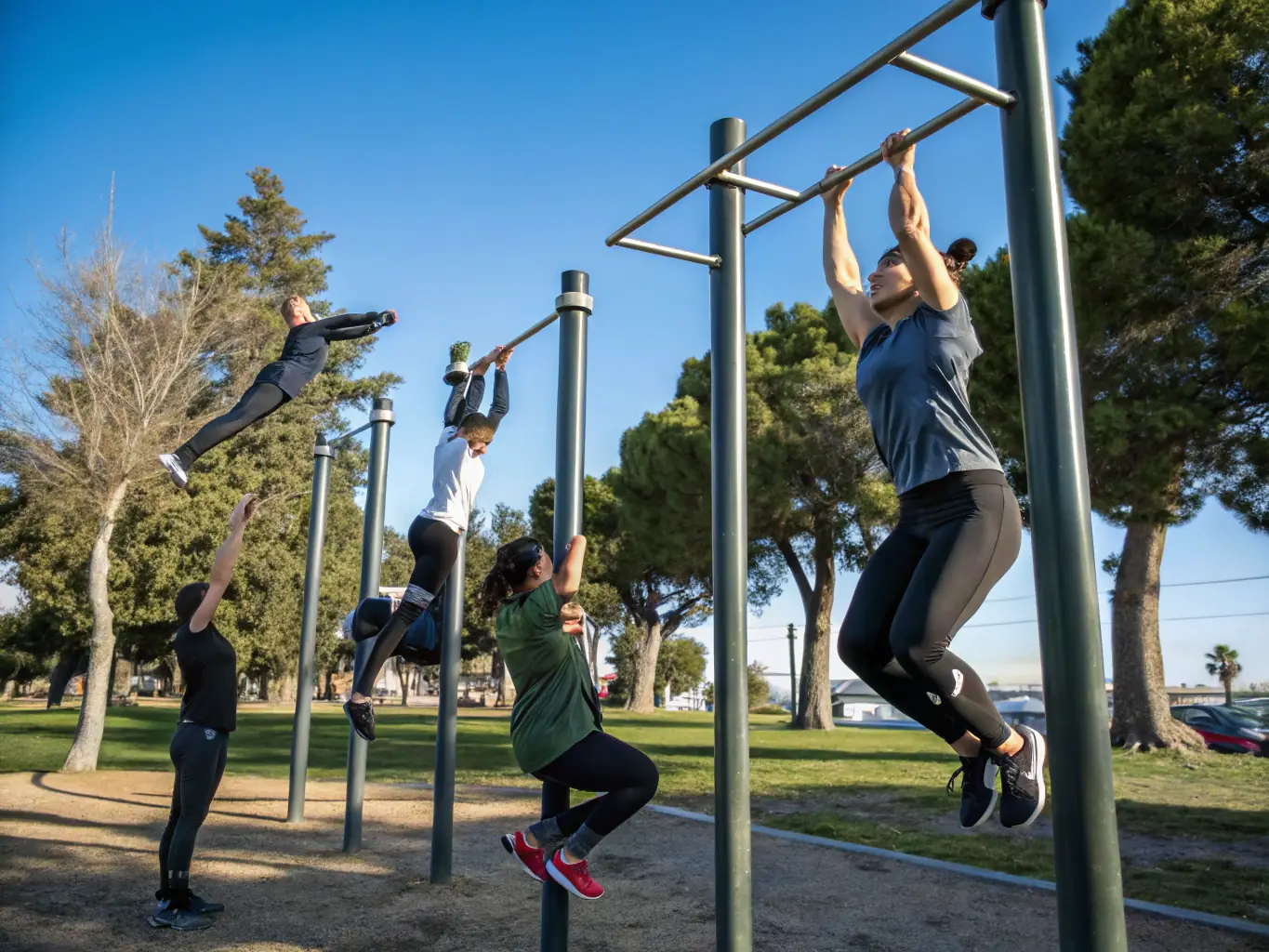 An image depicting a group of streetlifters participating in a friendly competition, demonstrating various exercises such as pull-ups, dips, and muscle-ups. The atmosphere is energetic and supportive, highlighting the competitive yet inclusive nature of LIGUE NORMANDE DE STREETLIFTING events.