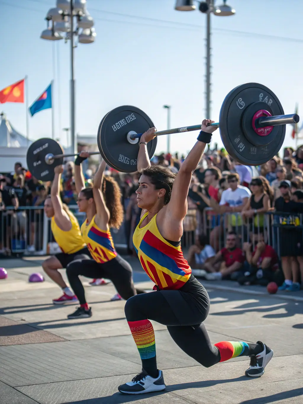 A dynamic shot of athletes competing in a streetlifting competition, showcasing strength, agility, and sportsmanship. The crowd is cheering and supportive.
