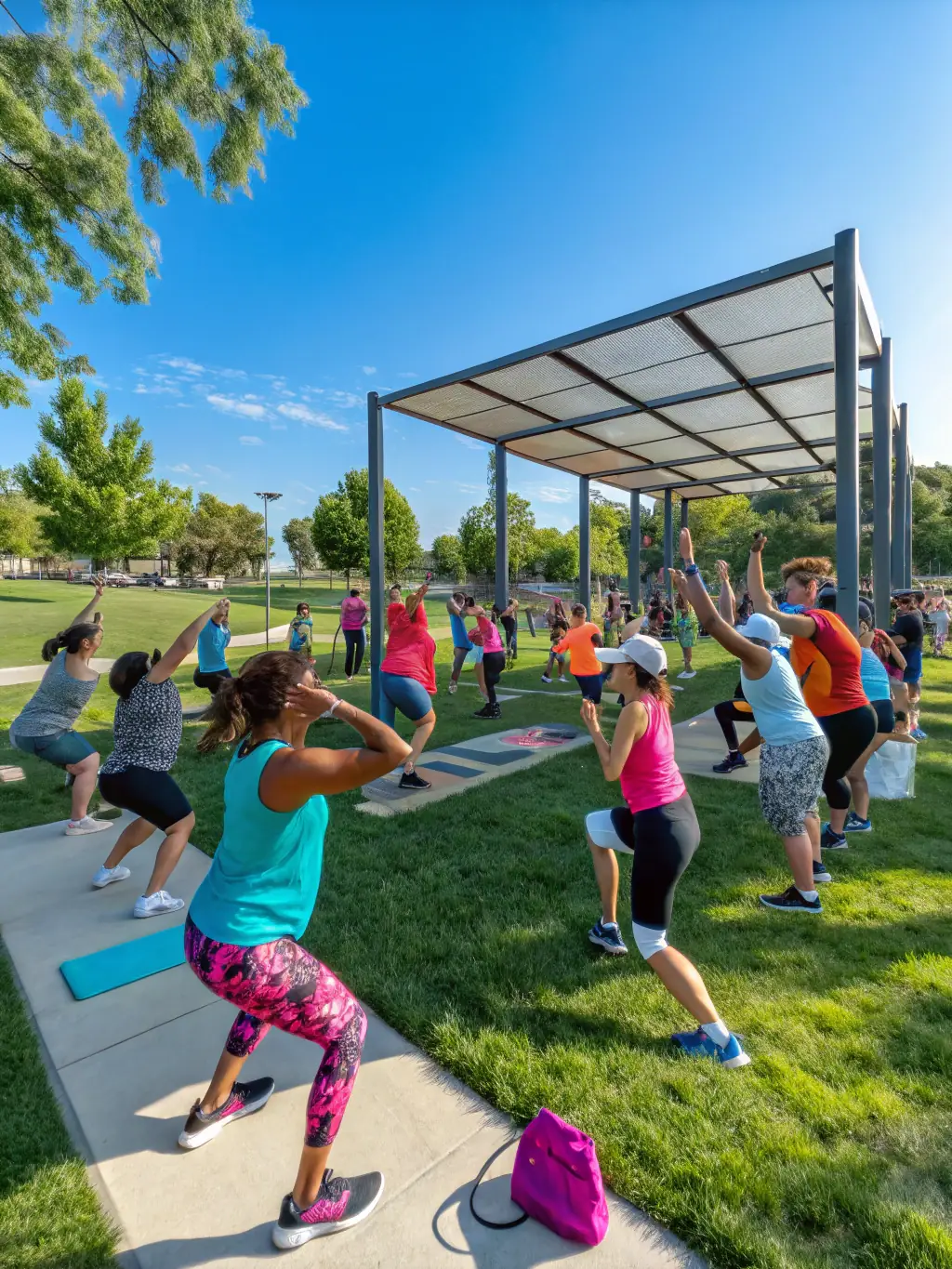 A diverse group of individuals participating in a community fitness event, incorporating streetlifting exercises and promoting health and wellness. The setting is inclusive and welcoming.